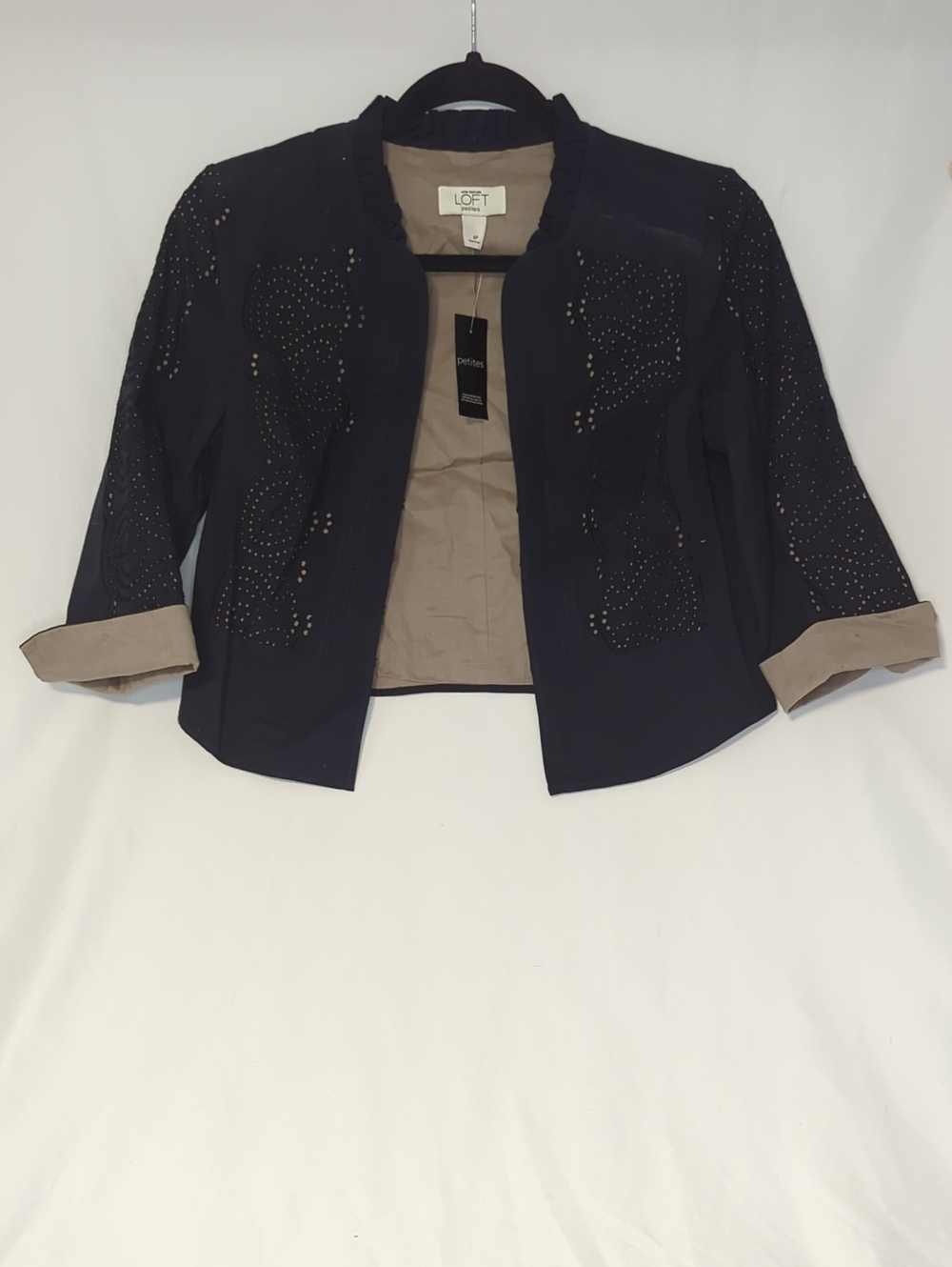 LOFT Black And Tan Lace Open-Front Blazer with Tan Lining